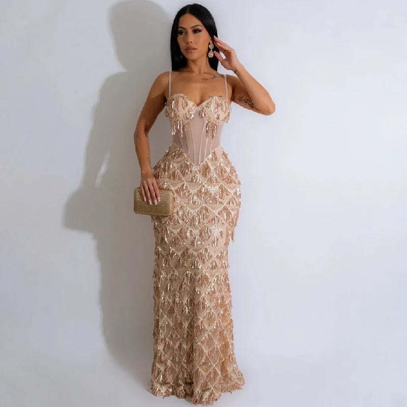 Savings Alert Sexy Bustier Sheer Mesh Panel Drop Waist Fringe Sequin Slip Maxi Dress