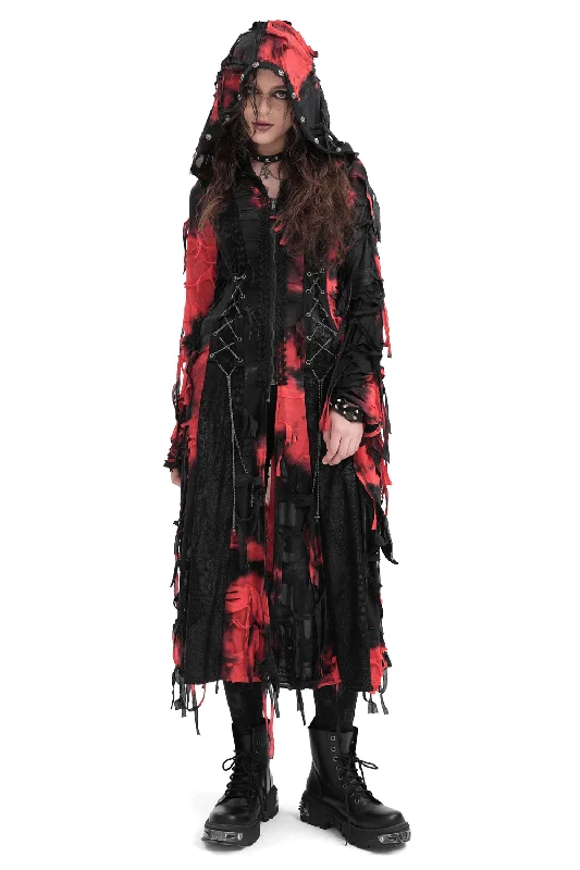 Gothic Red and Black Hooded Shredded Long Cape