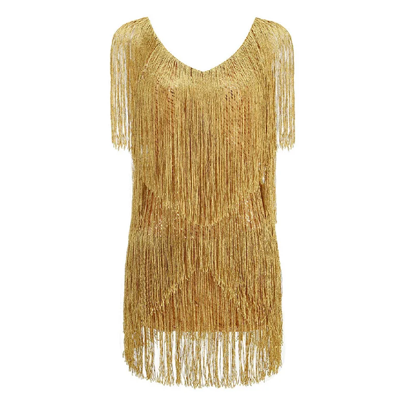 Doorbuster Deal Shimmering Sequined V Neck Layered Fringe Sleeveless Mini Dance Party Dress