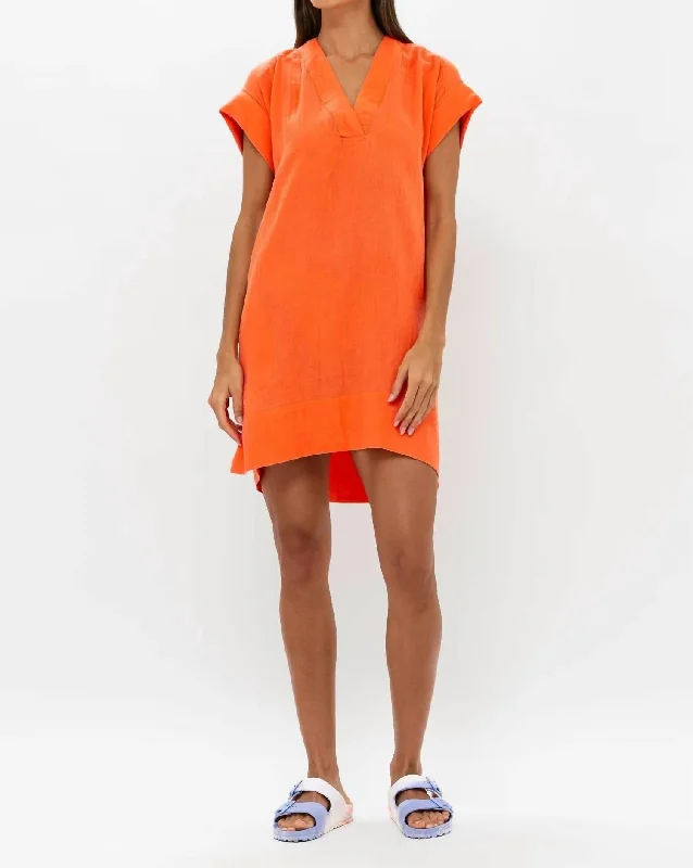 V-Neck Roll Sleeve Mini Dress In Bahama Orange