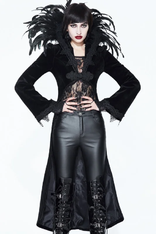 While Supplies Last Black Feathered Collar Long Sleeves Bowknot Women's Gothic Tailcoat