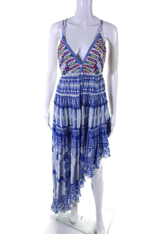 Rococo Sand Womens Silk Abstract Print Asymmetrical Pleated Dress Blue