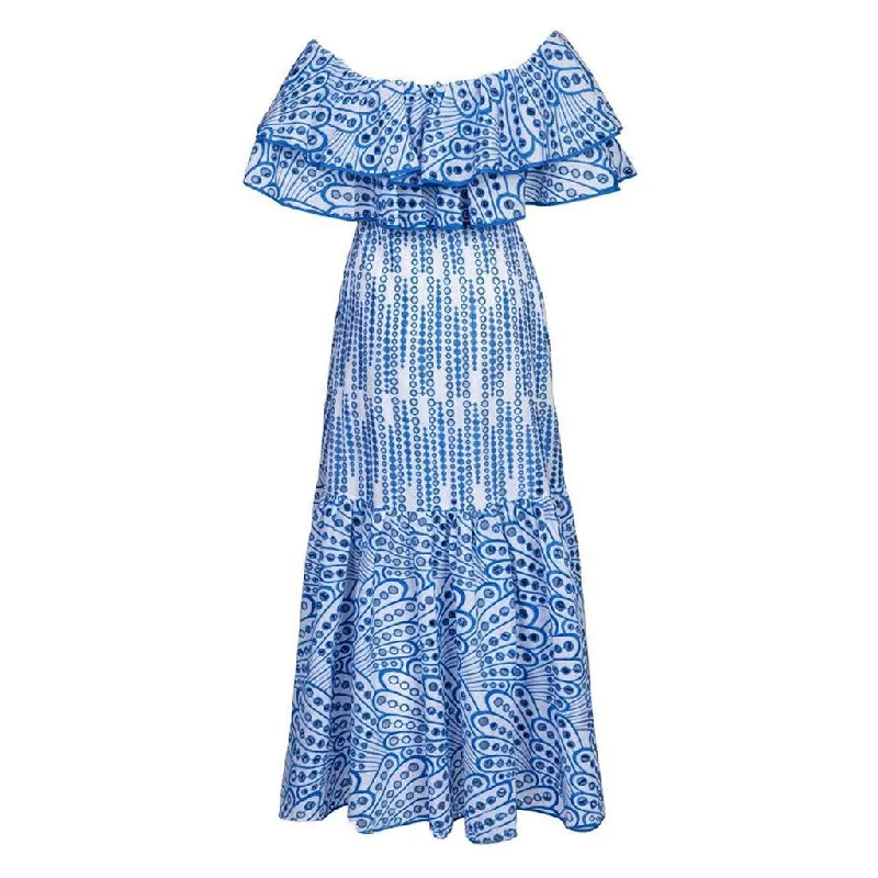 Deal Zone Boho Broderie Anglaise Off the Shoulder Shirred Ruffled Tiered Maxi Dress