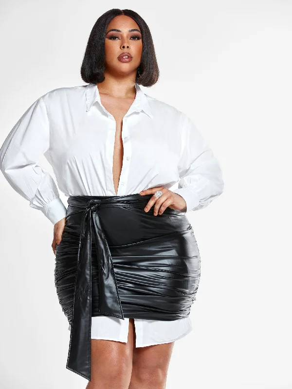 Can't Be Beat Paulina Faux Leather Skirt with Ruching Detail