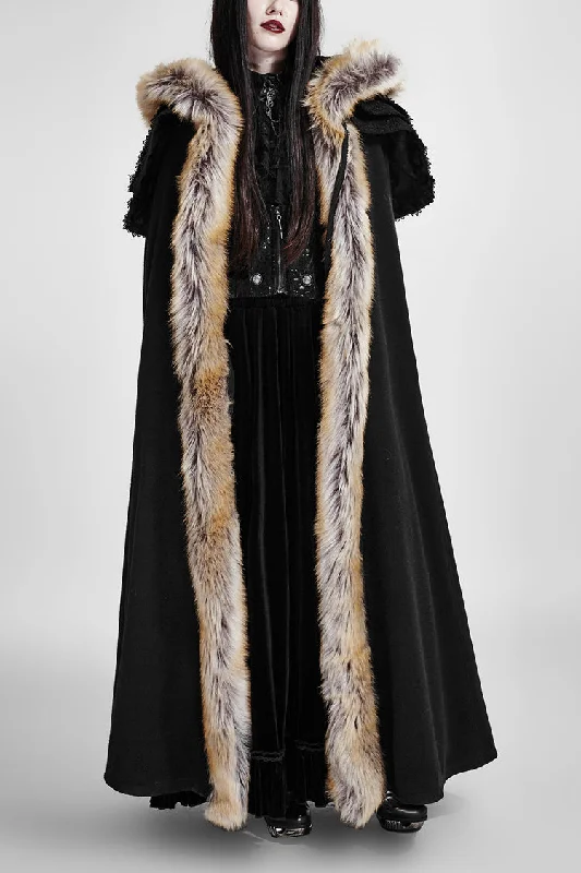 Bargain Blast Black Hooded Fur Collar Wool Long Womens Gothic Coat Cloak