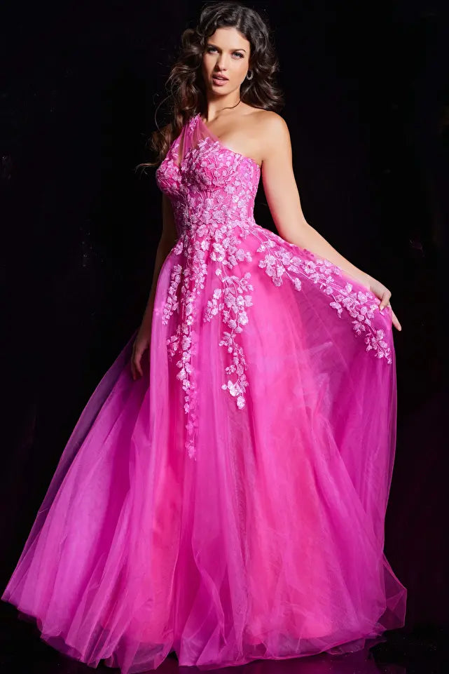 Price Cut Jovani 39318 Fuchsia Prom Dress A line Lace sheer tulle one shoulder