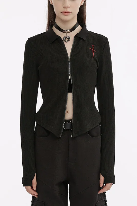 Exclusive Savings Black Cross Sword Embroidery Slim Metal Zipper Women's Punk Jacket