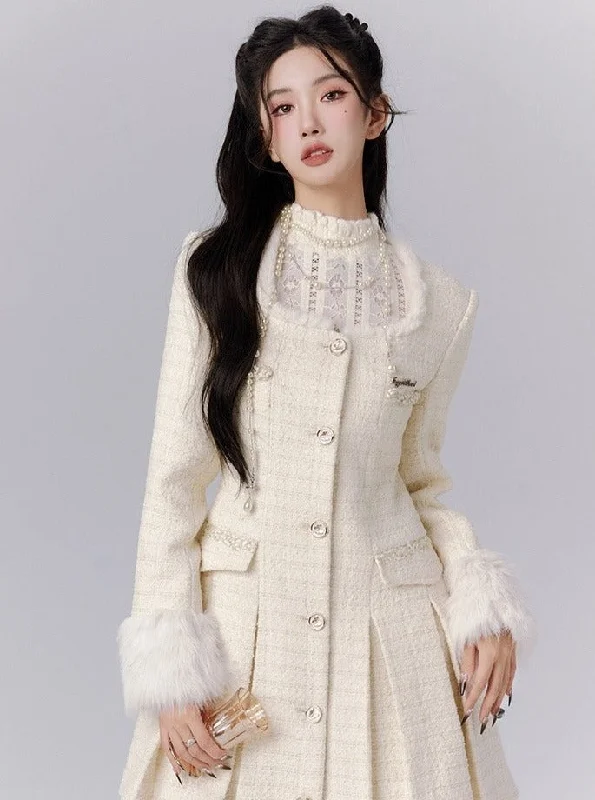 Elegant Ivory Tweed Coat Dress with Fur-Trimmed Cuffs