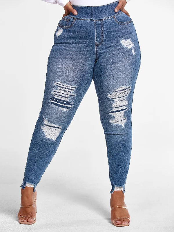 Seasonal Clearance High Rise Medium Wash Destructed Jeggings - Tall Inseam