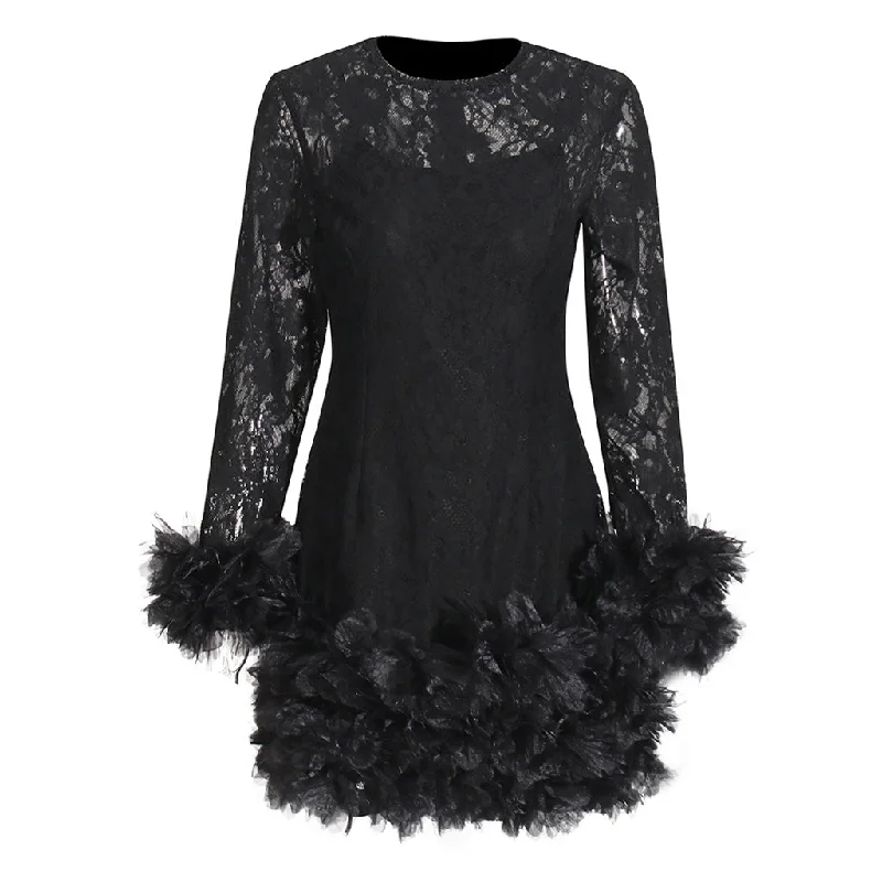 Crazy Deals Romantic Crew Neck Layered Petal Trim Long Sleeve Sheer Lace Mini Dress