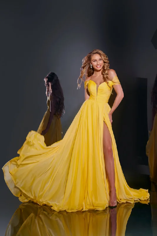 Deal of the Day Jovani 43842 Size 4 Yellow Long Maxi Slit A Line Backless Prom Dress Corset Chiffon off the shoulder Formal Gown Deal of the Day Jovani 43842 Size 4 Yellow Long Maxi Slit A Line Backless Prom Dress Corset Chiffon off the shoulder Formal Gown