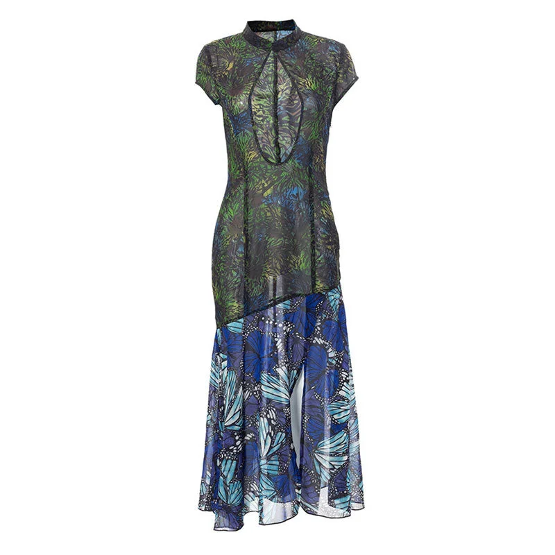 YEAR-End Sale Vintage Butterfly Mandarin Collar Cutout Side Split Chiffon Vacation Midi Dress YEAR-End Sale Vintage Butterfly Mandarin Collar Cutout Side Split Chiffon Vacation Midi Dress