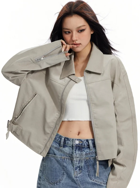 Deal Dash Light Gray Oversized Leather Jacket