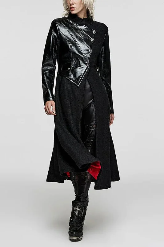 Special Offer Black Stand Collar Print Faux Leather Stitching Womens Gothic Coat