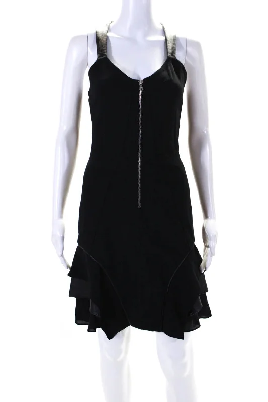 Yigal Azrouel Womens Back Zip Scoop Neck Leather Trim Dress Black