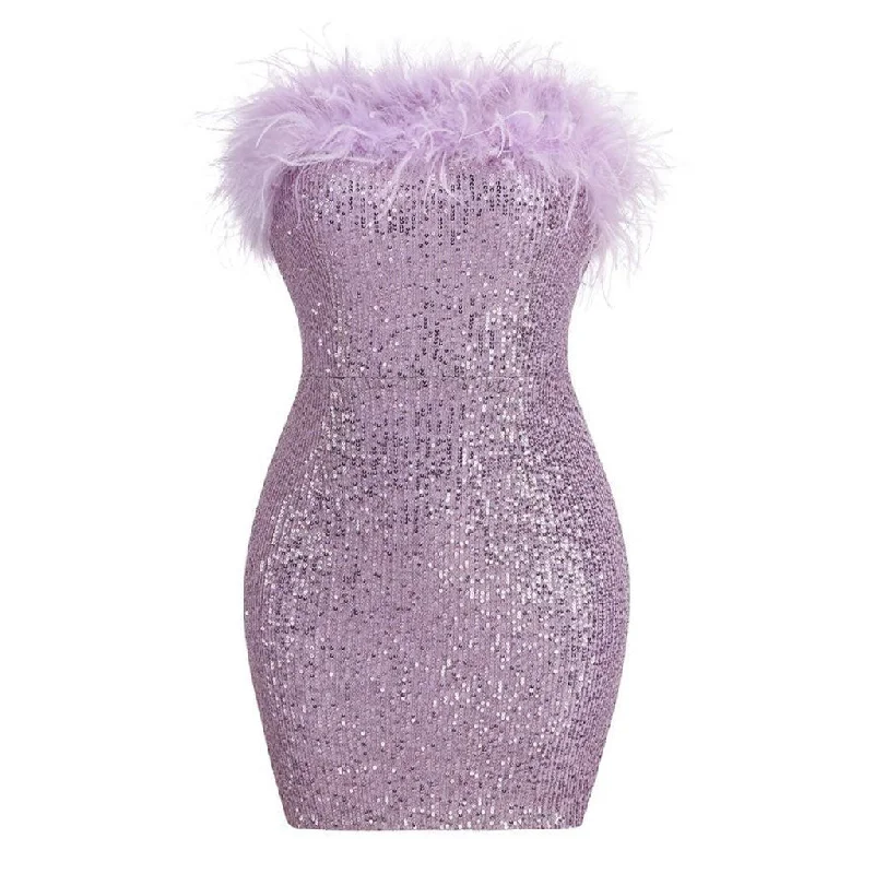 Now or Never Sparkly Sequin Solid Color Feather Trim Strapless Bodycon Mini Party Dress