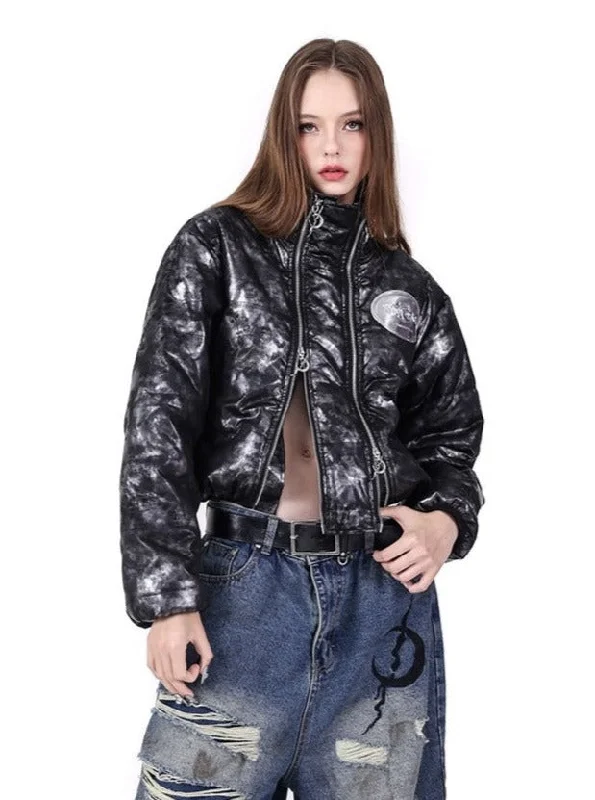 PINKSPINK Metallic Skull Puffer Jacket - Black/Silver