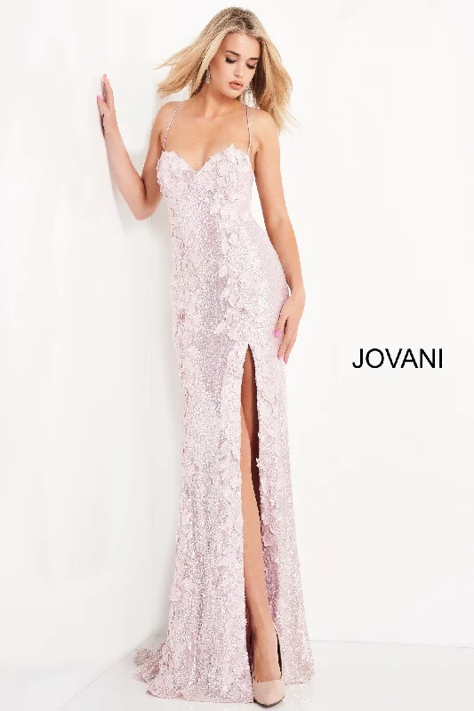 Jovani 06109 Long Sequin Floral Applique Formal Prom Dress Slit Backless Pageant