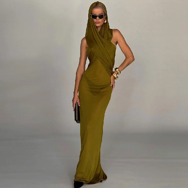 Early Bird Discount Slouchy Hooded Cross Over Open Back Sleeveless Maxi Sheer Mesh Dress Early Bird Discount Slouchy Hooded Cross Over Open Back Sleeveless Maxi Sheer Mesh Dress