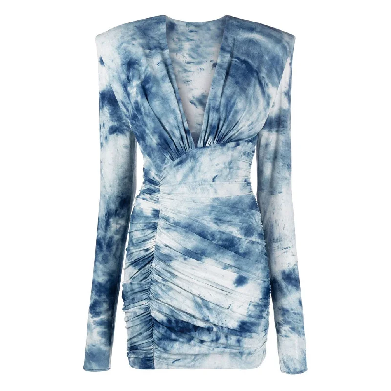 YEAR-End Clearance Chic Tie Dye Print Deep V Shoulder Pad Long Sleeve Ruched Bodycon Mini Dress