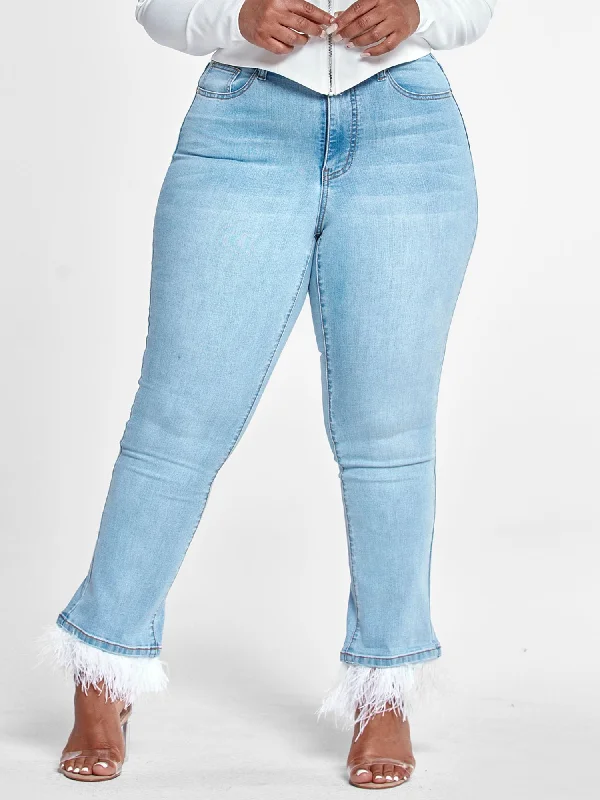 Overstock High Rise Flare Jeans with Feather Trim