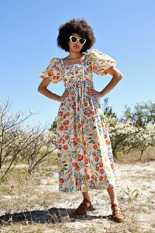 Final Markdown Flower Land Square Neck Cotton Midi Dress