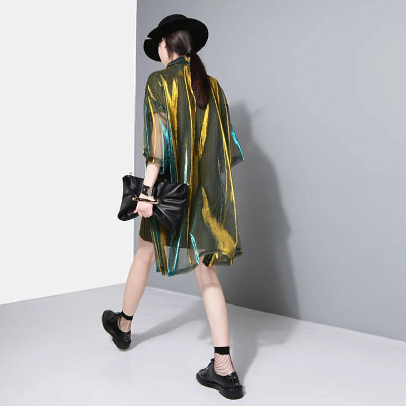 Markdown Madness Reece Sheer Shimmer Shirt Dress - Gold Green