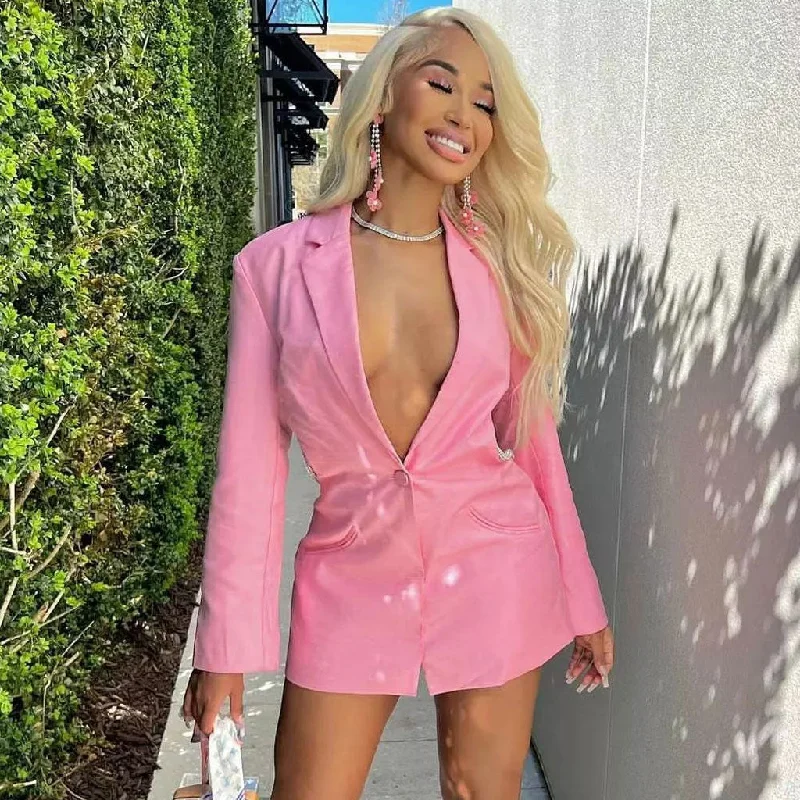 Price Cut Crystal Knot Backless Single Breasted Tailored Blazer Mini Dress - Pink