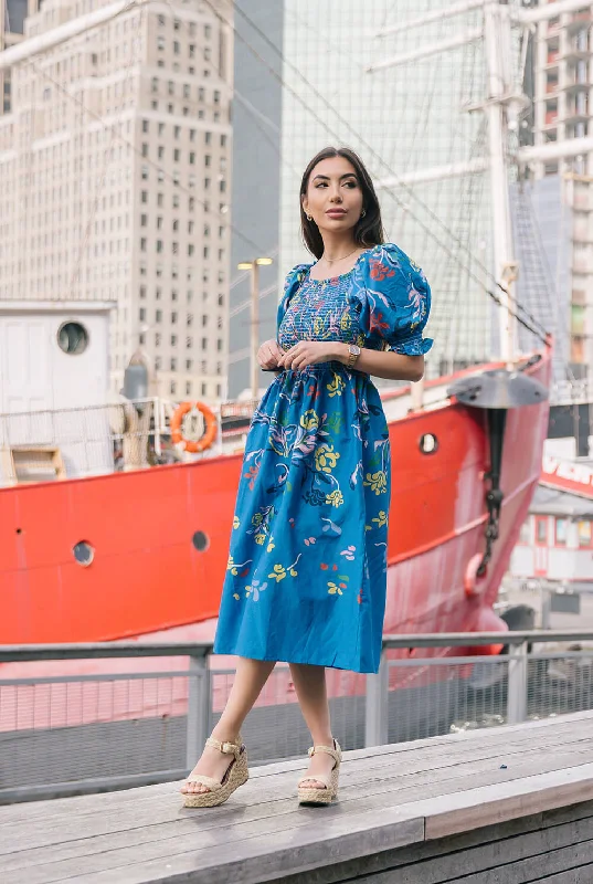 Discount Extravaganza Night Flower Smocked Cotton Silk Midi Dress