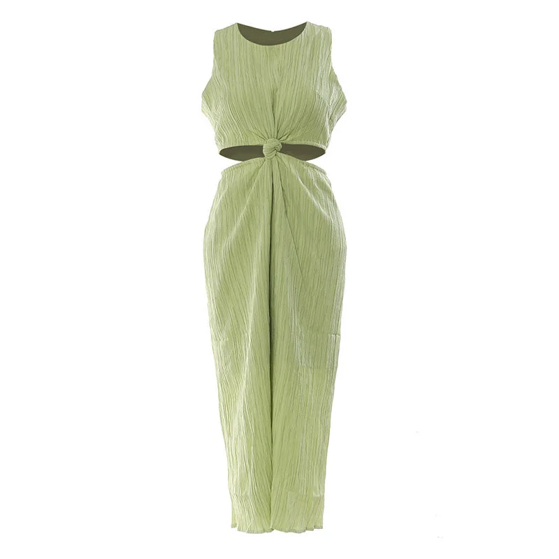 Deal Zone Textured Round Neck Knotted Front Side Cutout Slit Sleeveless Midi Dress