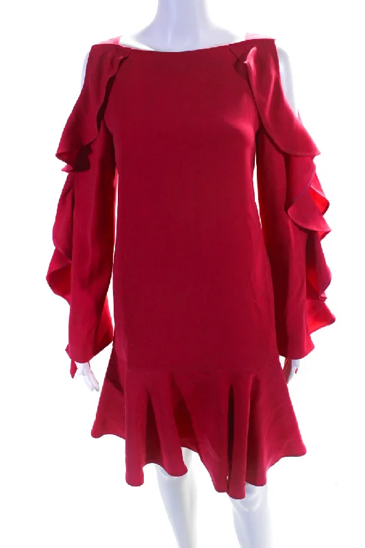 Adeam Womens Long Sleeve Ruffle Dress Fuchsia