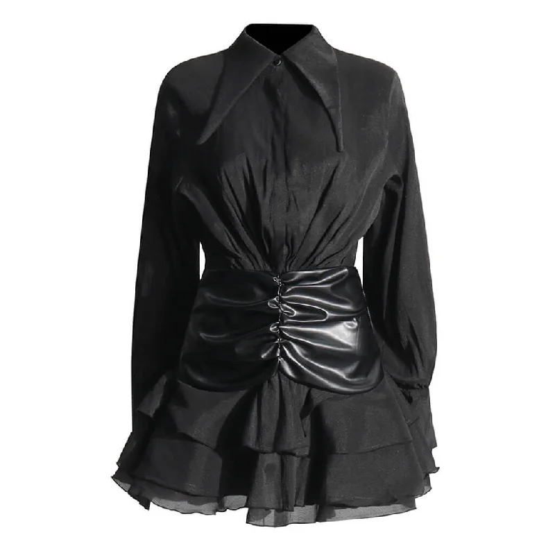 Bonus Savings Edge Pointed Collar Vegan Leather Panel Ruched Tiered Mini Shirt Dress