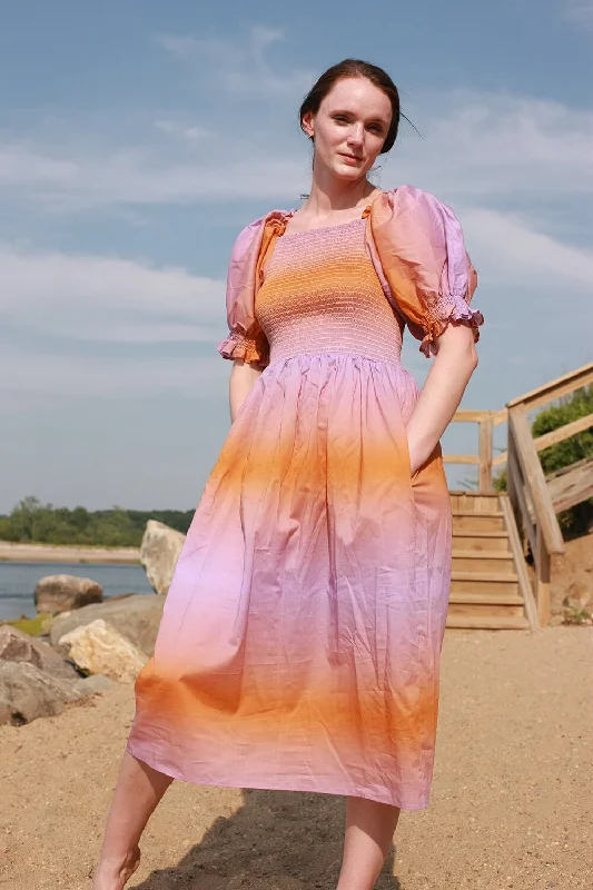 Act Now Sunset Purple Orange Smocked Midi Dress