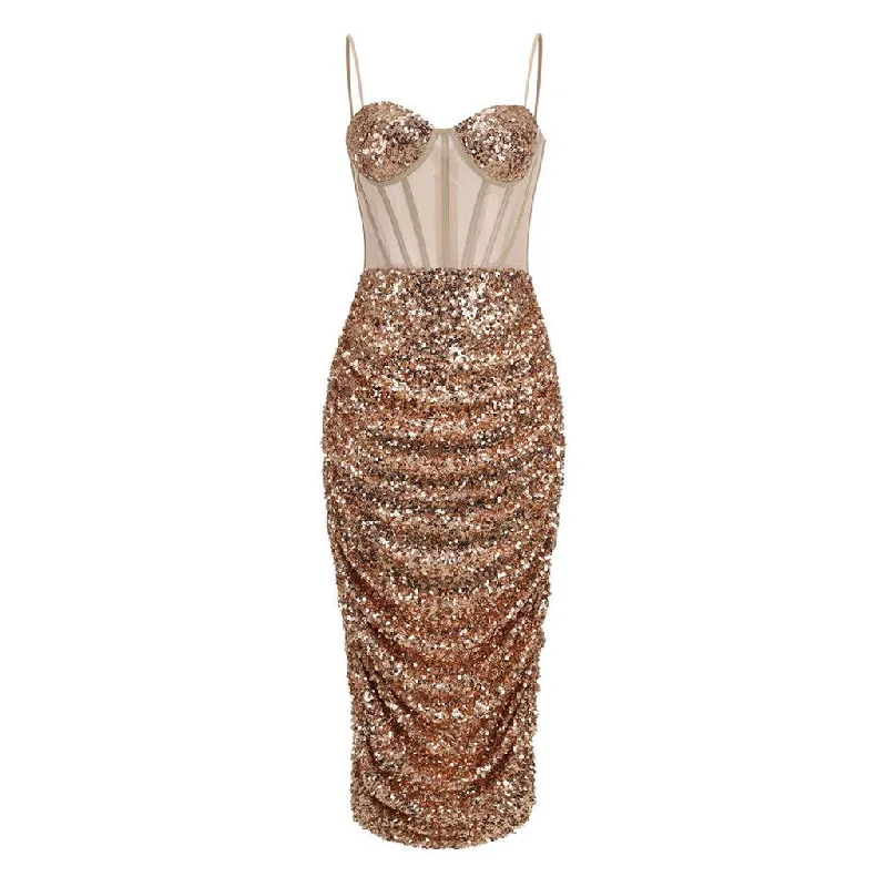 Instant Savings Semi Sheer Sweetheart Ruched Sequin Split Bodycon Corset Midi Cocktail Dress Instant Savings Semi Sheer Sweetheart Ruched Sequin Split Bodycon Corset Midi Cocktail Dress