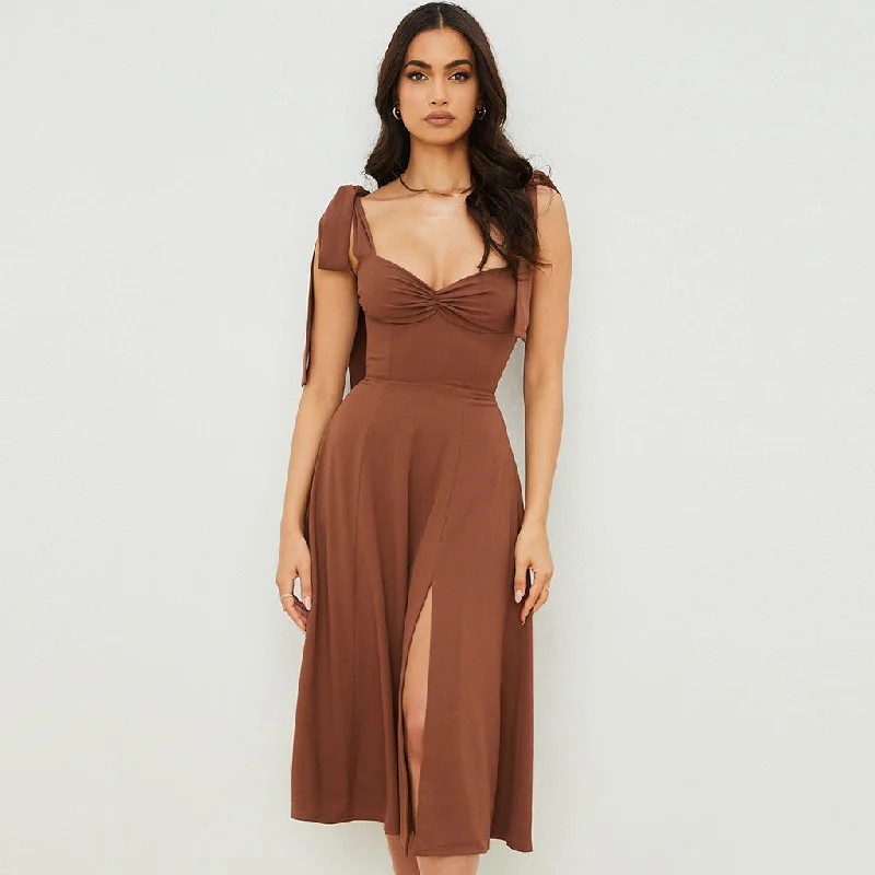 Price Rollback Vintage Bow Tie Fit & Flare High Slit Midi Sundress - Coffee