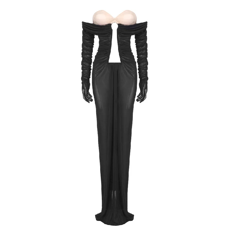 Low Prices Sexy Bustier Off Shoulder Cutout Draped Ruched Mesh Sheer Maxi Dress