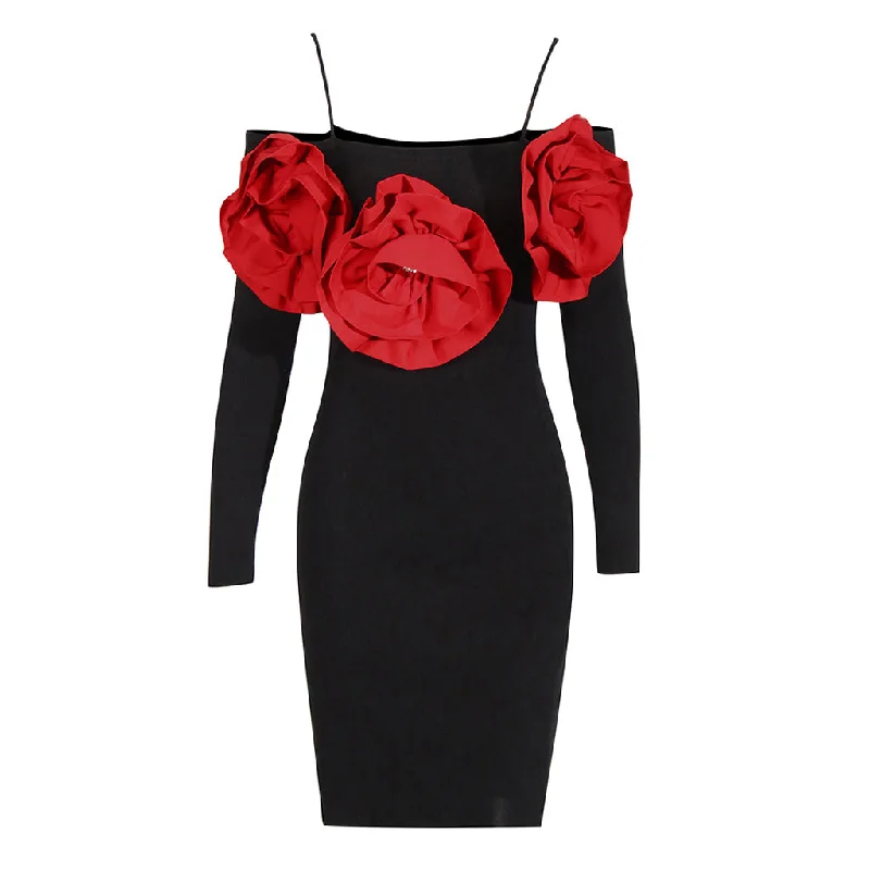 Can't Miss Sparkly Crystal Rosette Applique Cold Shoulder Bodycon Sweater Midi Dress