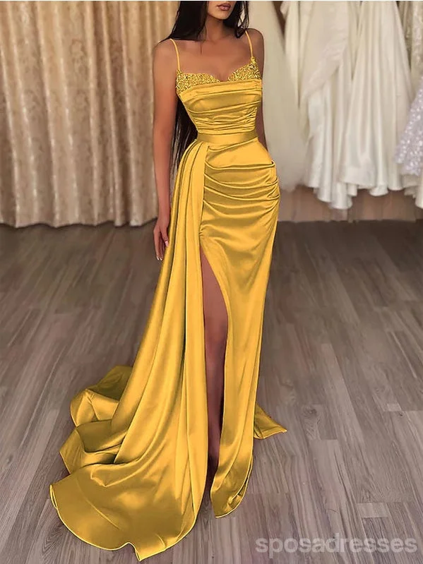 Reduced Prices Yellow Sheath Spaghetti Straps High Slit Cheap Long Prom Dresses,13010