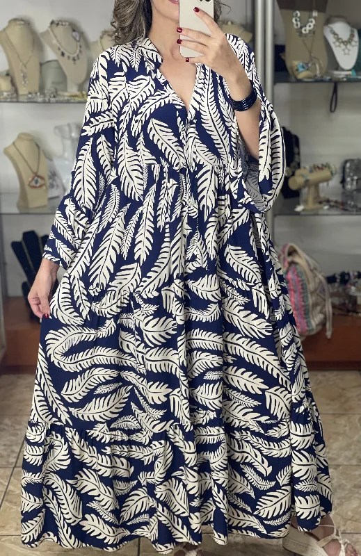 Act Now Navy Leaves OS Maxi Dress