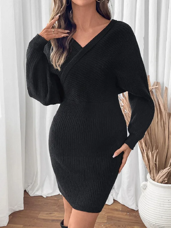 Shop and Save Perfee Surplice Long Sleeve Sweater Dress