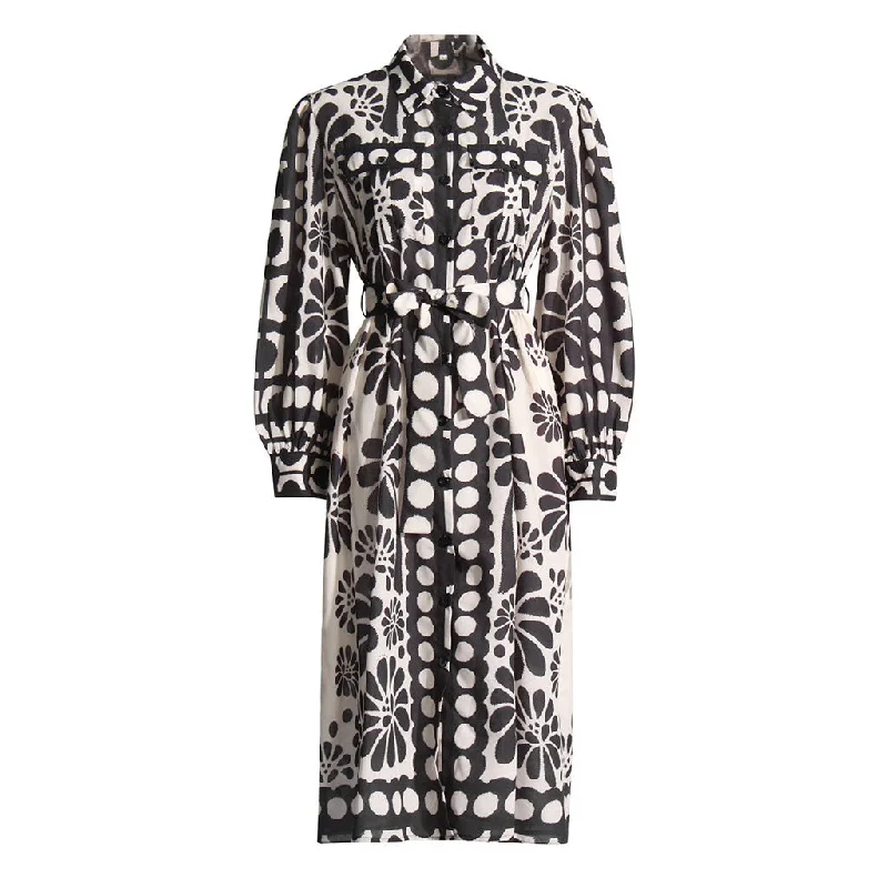 Friends and Family Sale Retro Contrast Floral Print Collared Long Sleeve Belted Button Down Shirt Midi Dress