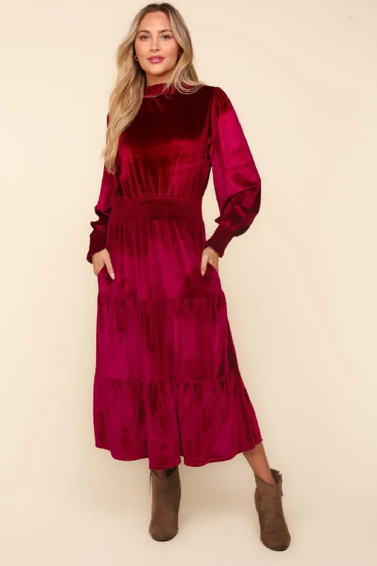 Super Deal Haptics Mock Neck Smocked Waist Velvet Tiered Dress