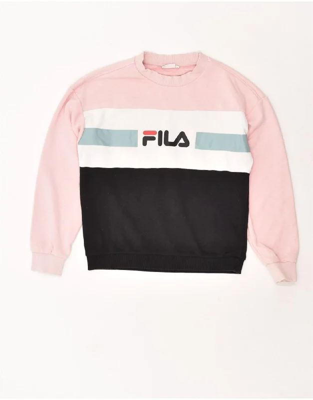 FILA Womens Graphic Sweatshirt Jumper UK 10 Small Pink Colourblock Cotton