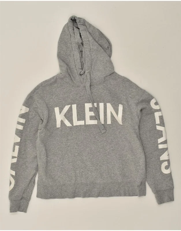 CALVIN KLEIN Womens Graphic Hoodie Jumper UK 10 Small Grey Cotton