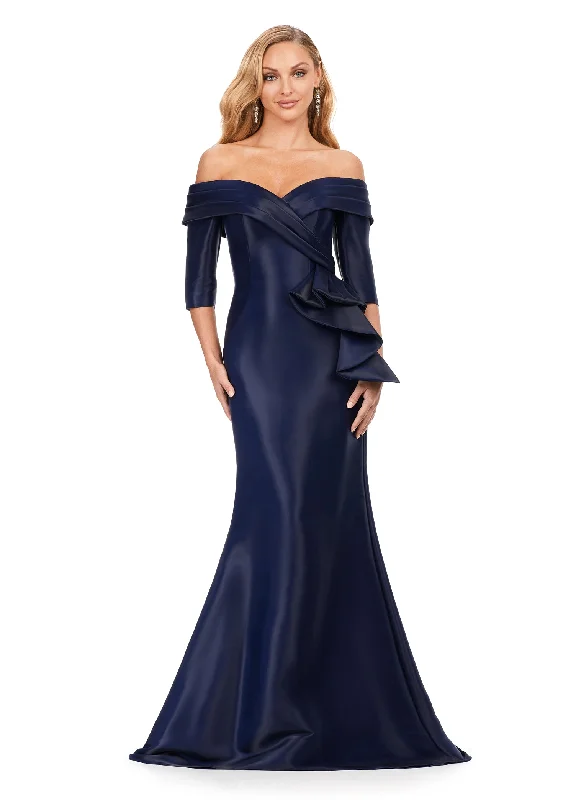 Limited Time Discount Ashley Lauren 11324 Phantom Satin Off The Shoulder Ruffle Detailing Mermaid Fitted Silhouette Evening Dress Long Prom Pageant