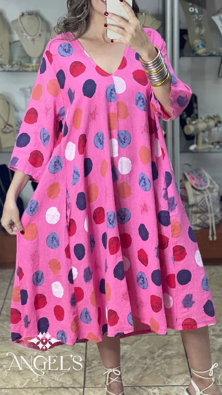 Hurry In Pink Multi Polka OS Linen Dress
