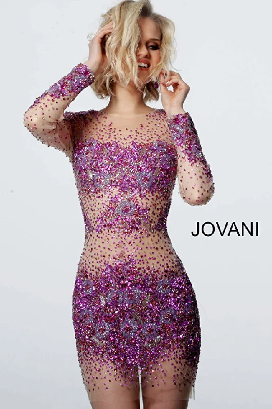 Discount Days Jovani 47598 Sheer Beaded Long Sleeve Short Cocktail Homecoming Dress