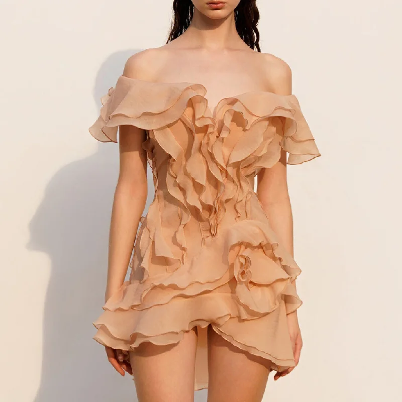 Act Fast Ethereal Chiffon Deep V Off The Shoulder Layered Ruffle Rosette Mini Dress Act Fast Ethereal Chiffon Deep V Off The Shoulder Layered Ruffle Rosette Mini Dress