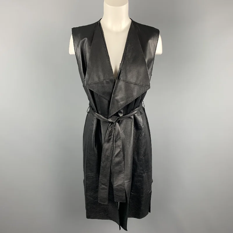 Overstock ST. JOHN Size S Black Draped Leather Front Wool Blend Knit Back Vest Coat