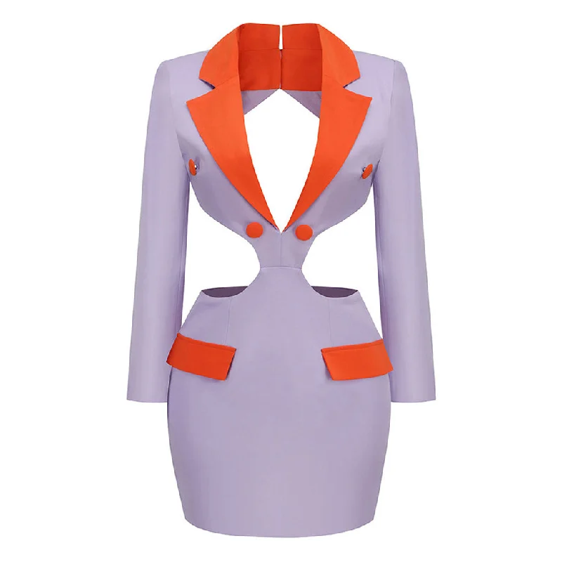Limited Availability Contrast Lapel Collar Deep V Cut Out Backless Tailored Mini Blazer Dress Limited Availability Contrast Lapel Collar Deep V Cut Out Backless Tailored Mini Blazer Dress